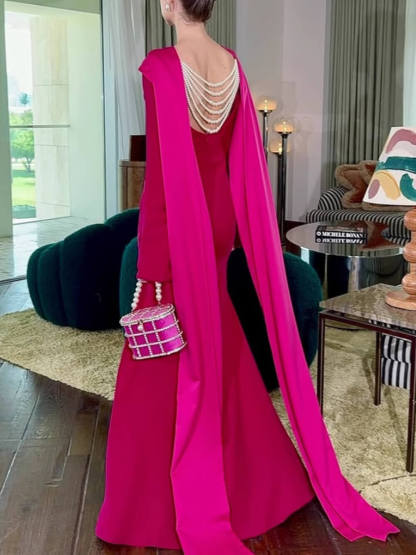 Elegant Slit Hip-Wrap Shawl Ribbon Evening Maxi Dress
