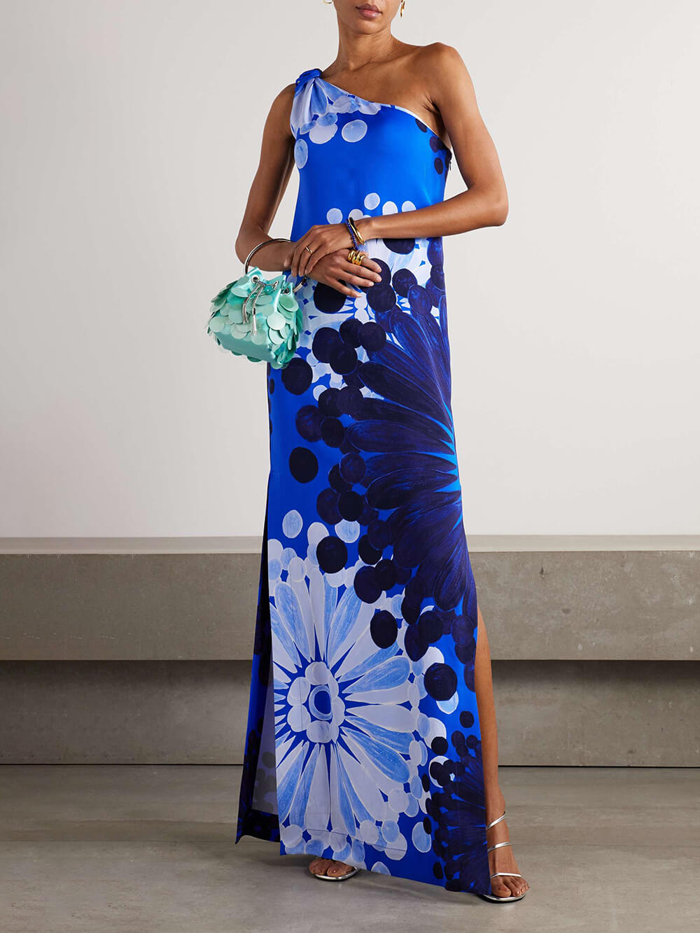 Classic One-Shoulder Floral Print Slit Crepe Maxi Dress