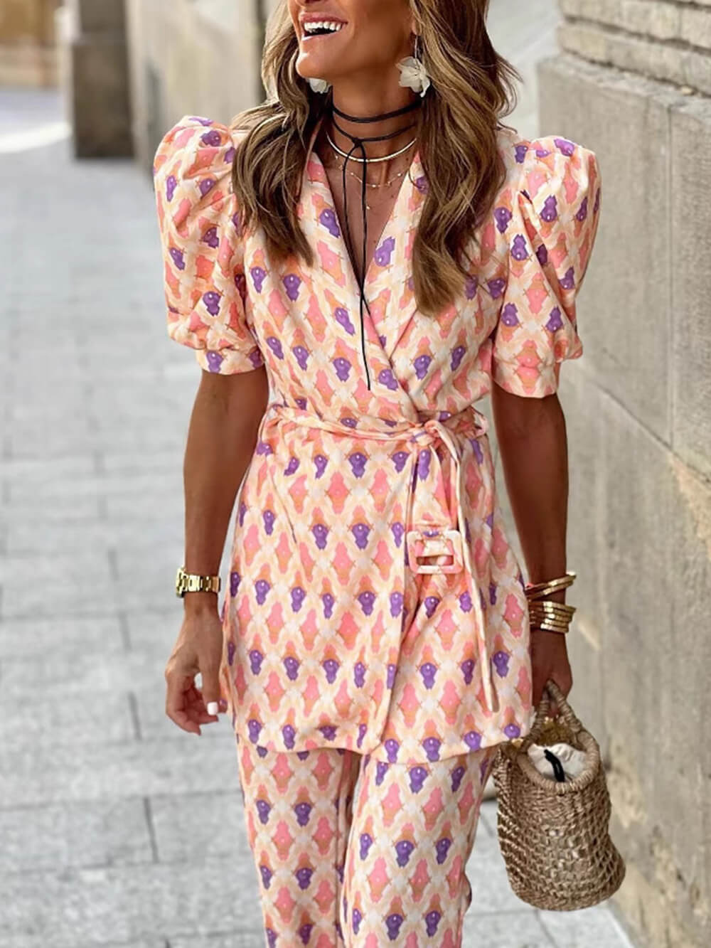 Fresh Colors Print Puff Sleeve Belted Lapel Blazer Tops
