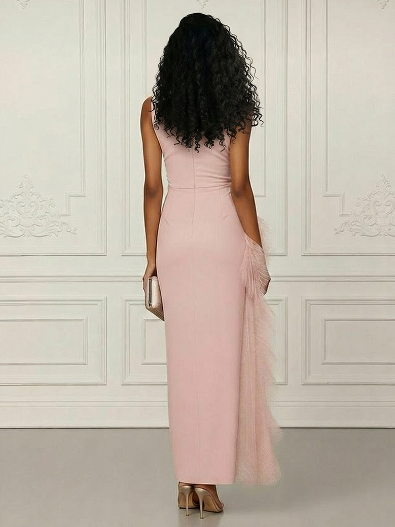 Elegant Sleeveless Asymmetrical Tulle Ruffle Maxi Dress