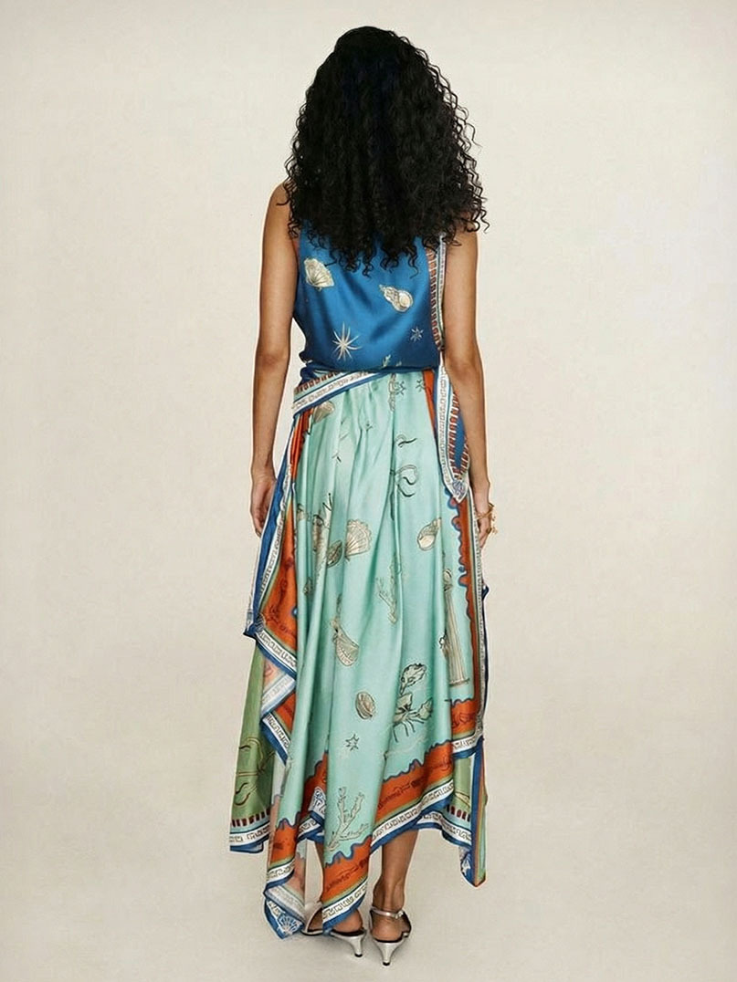 Unique Exquisite Satin Deep Sea Print Scarf Midi Dress