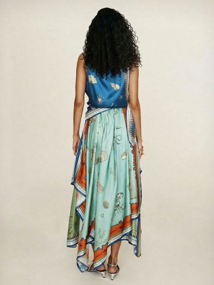 Unique Exquisite Satin Deep Sea Print Scarf Midi Dress