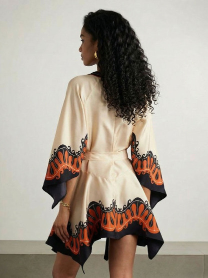 Unique Vintage Bohemian Print Lace-Up Mini Dress