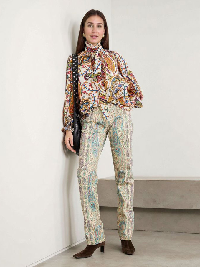 Exquisite Bow Paisley Print Shirt & Pants Two-Piece Set
