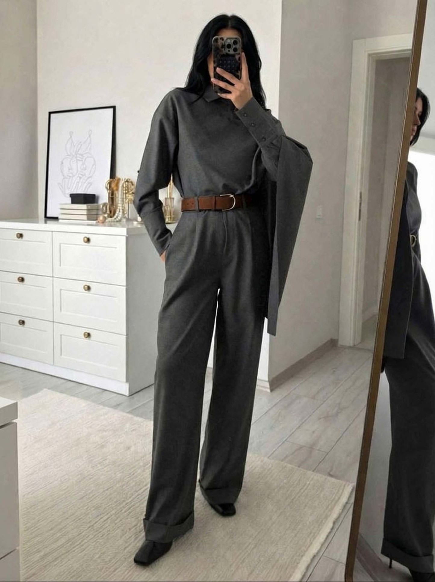 Elegant Draped Shawl Shirt & Wide-Leg Pants Two-Piece Set