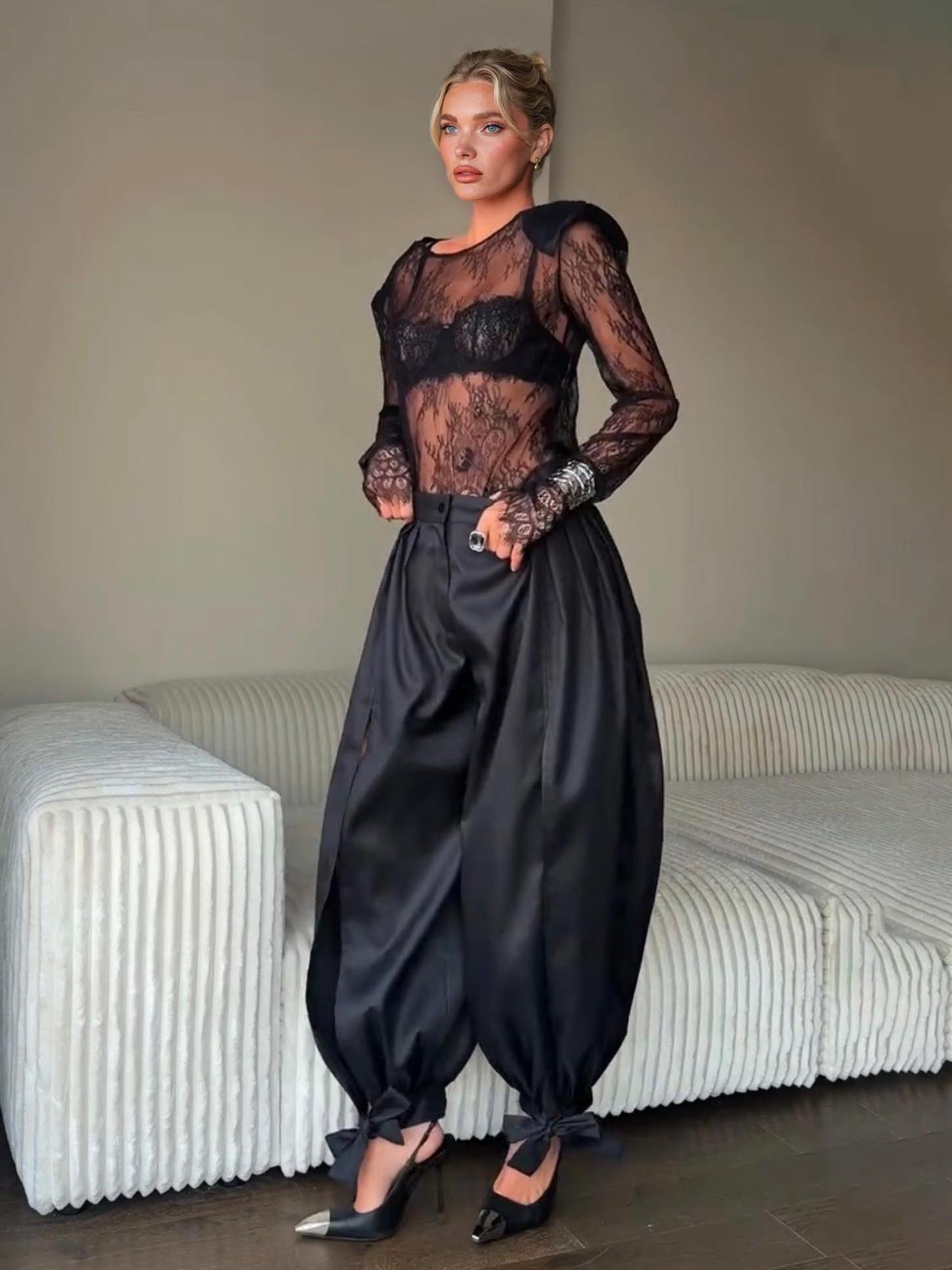 Sexy Lace Top & High-Waisted Drawstring Lantern Pants Set