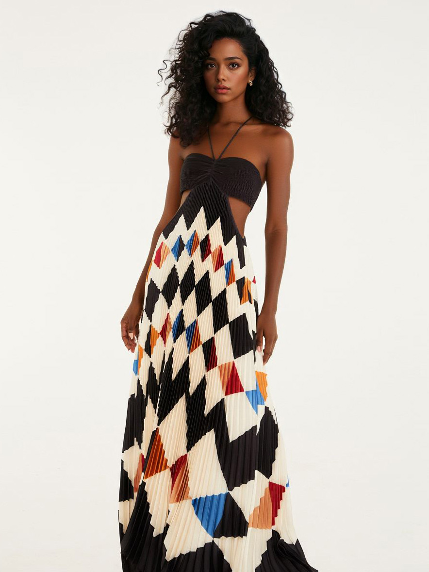 Elegant Strapless Geometric Pleated Maxi Dress