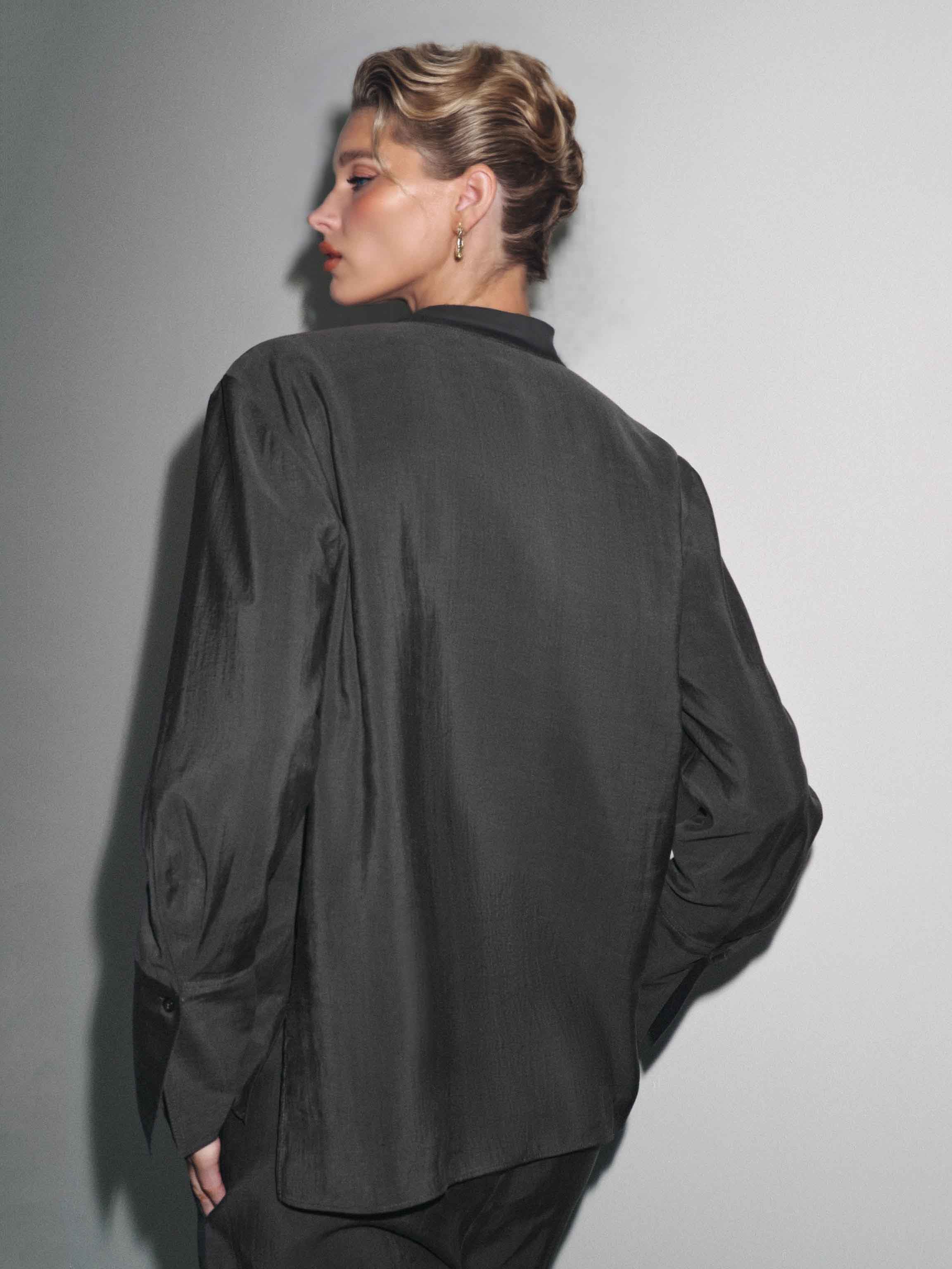 Minimalist Black Satin Shirt & Drawstring Pants Set