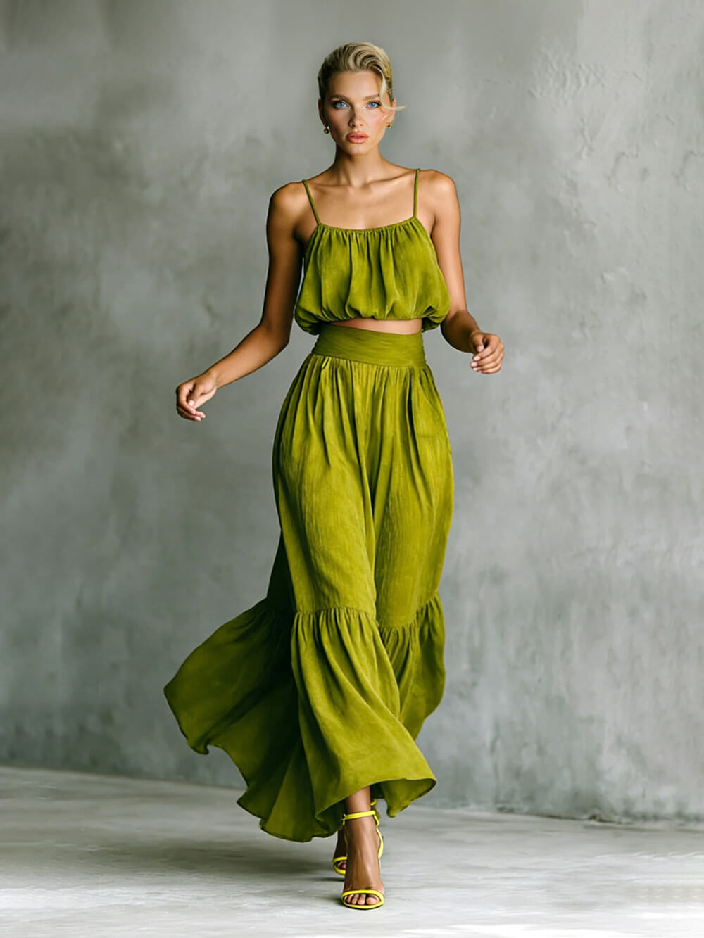 Fashion Linen Blend Bubble Slip Tank and High Rise Pocket A-line Maxi Skirt Set