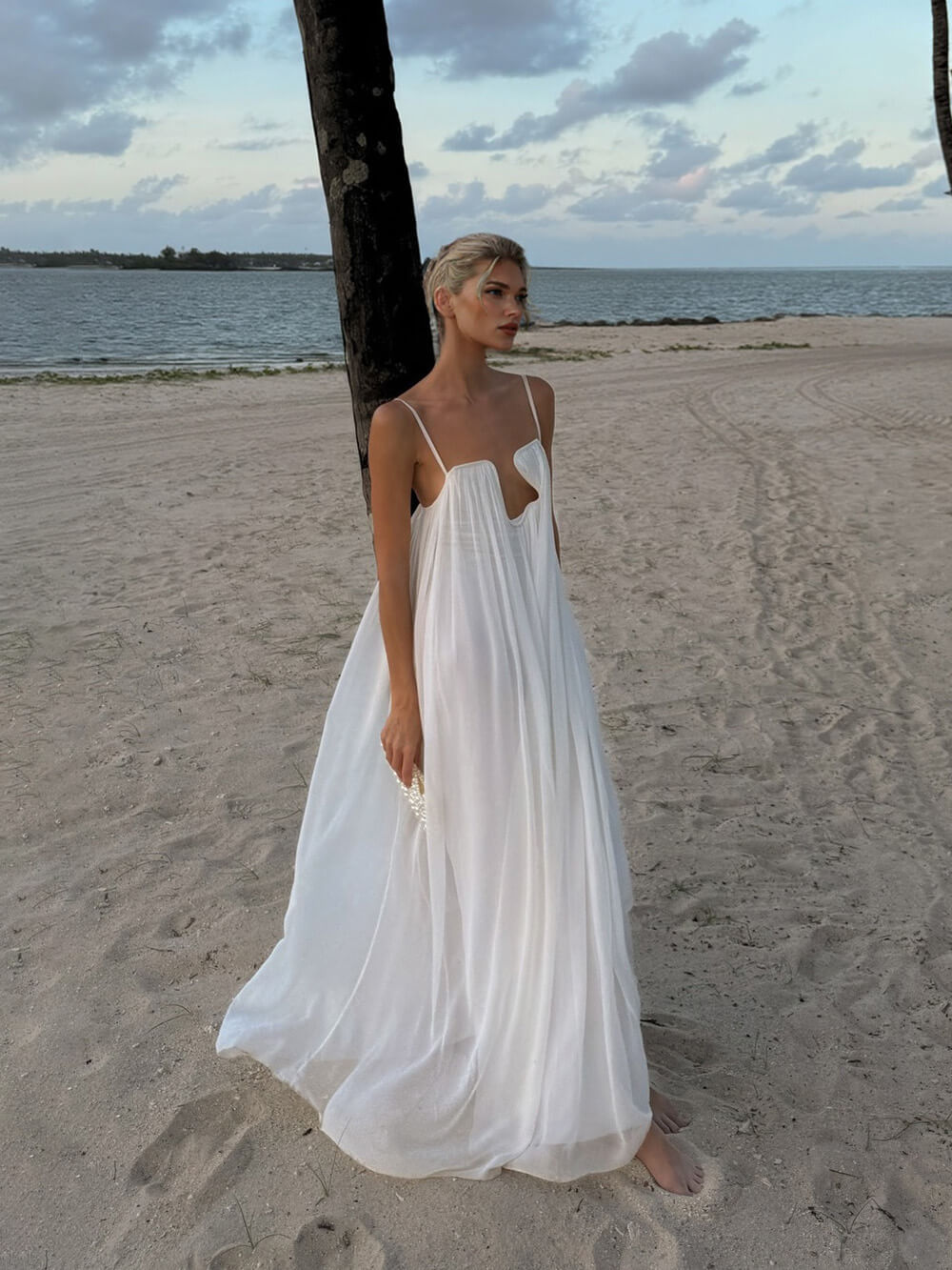 Fashion Flowy Chiffon Plunging Chest Cutout Slip Loose Maxi Dress