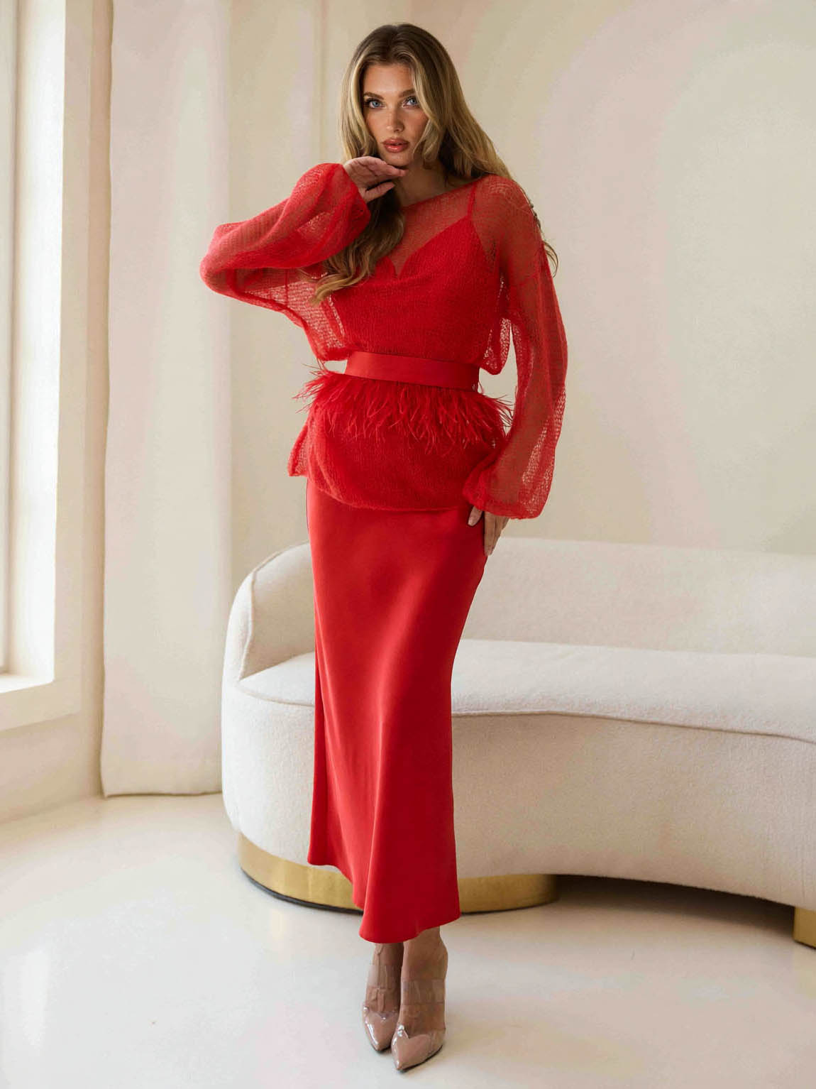 Elegant Openwork Knit Top And Satin Dress Two-piece Set