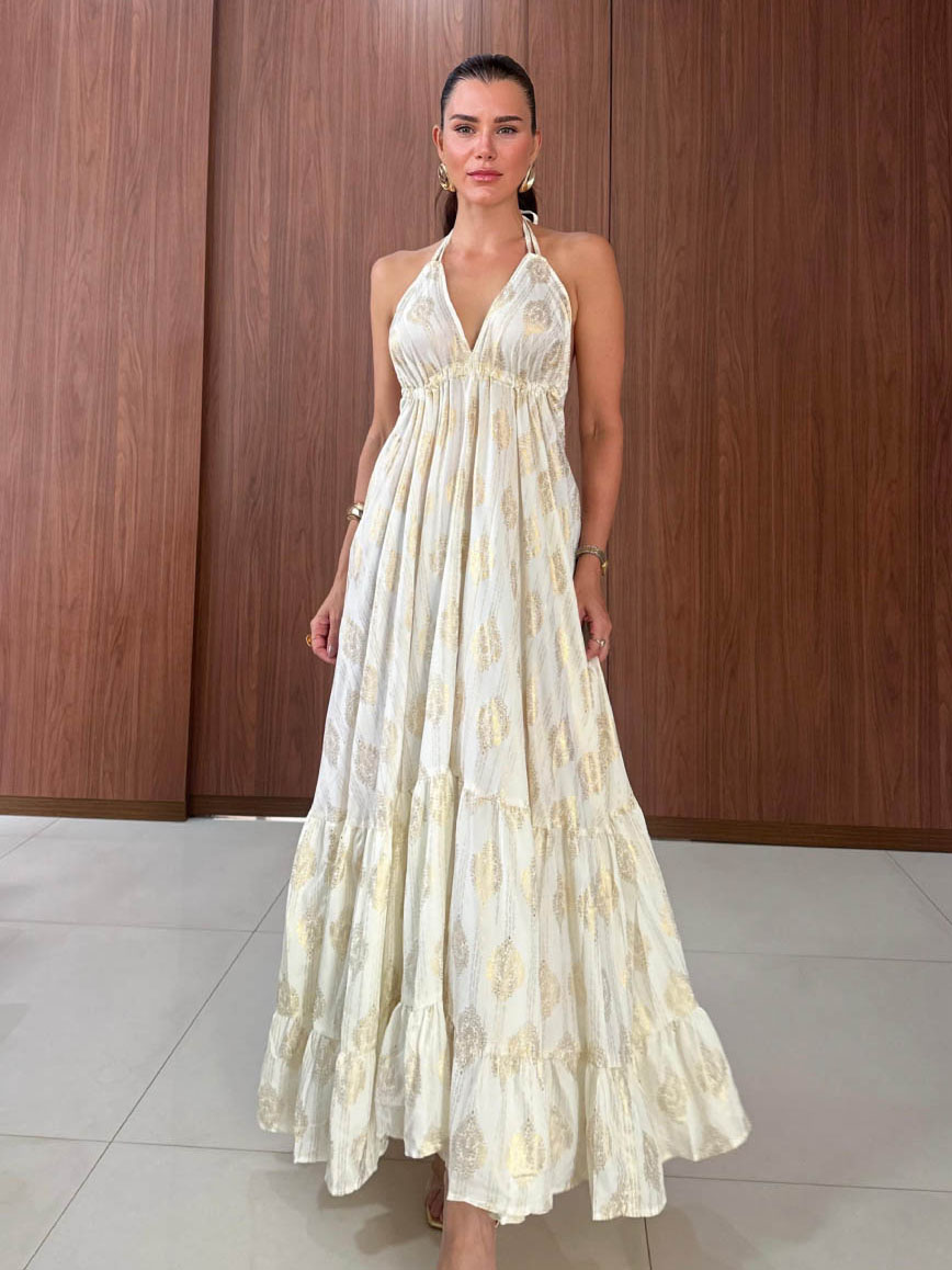 Bohemian Embossed Halter Neck Tiered Maxi Dress