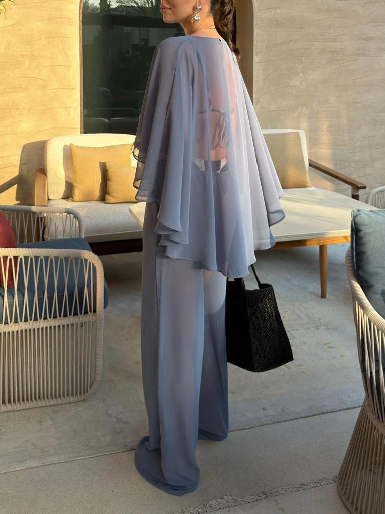 Elegant Sheer Cape Sleeve Crop Top & Wide-Leg Pants Beach Two-Piece Set