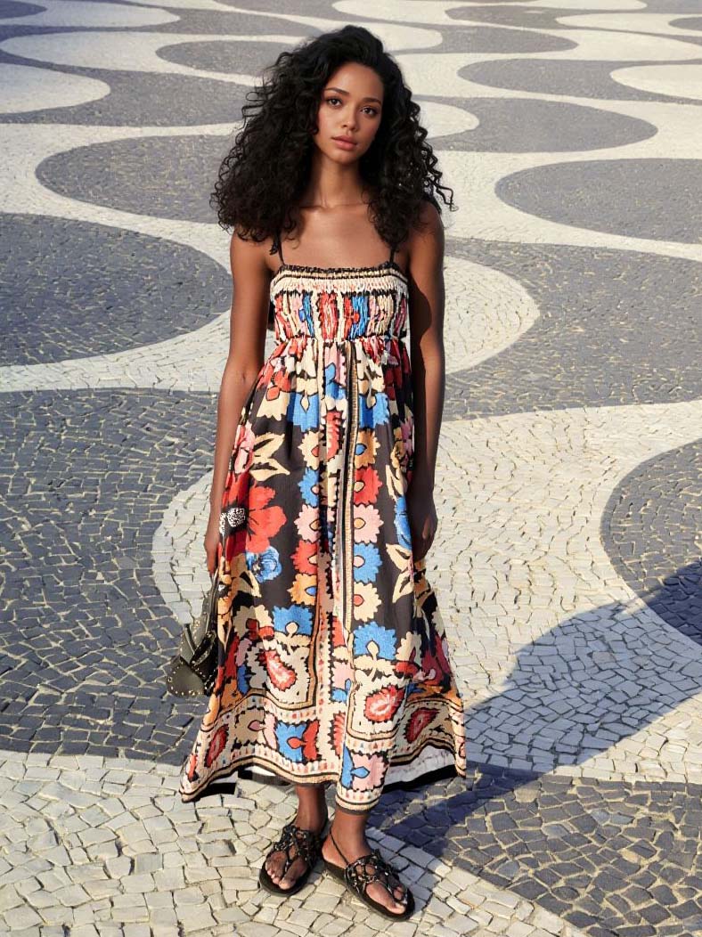 Bohemian Floral Print Smocked Spaghetti Strap Maxi Dress