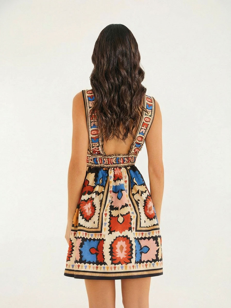 Bohemian Ethnic Print V-Neck Sleeveless Mini Dress