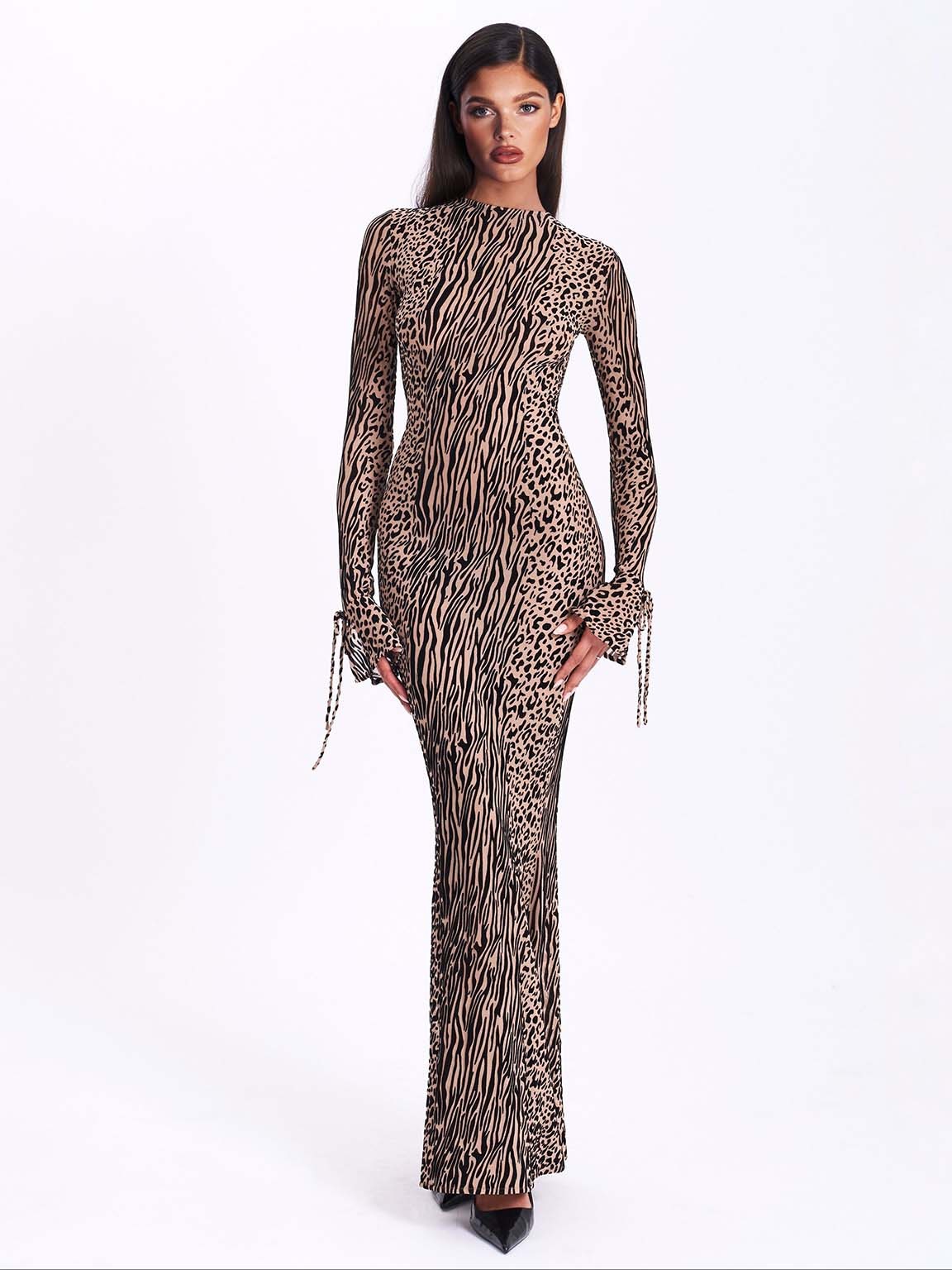 Exquisite Leopard Velvet Mesh Halter Maxi Dress