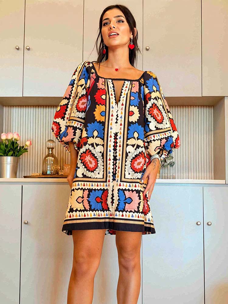Bohemian Style Ethnic Print Short-sleeved Mini Dress