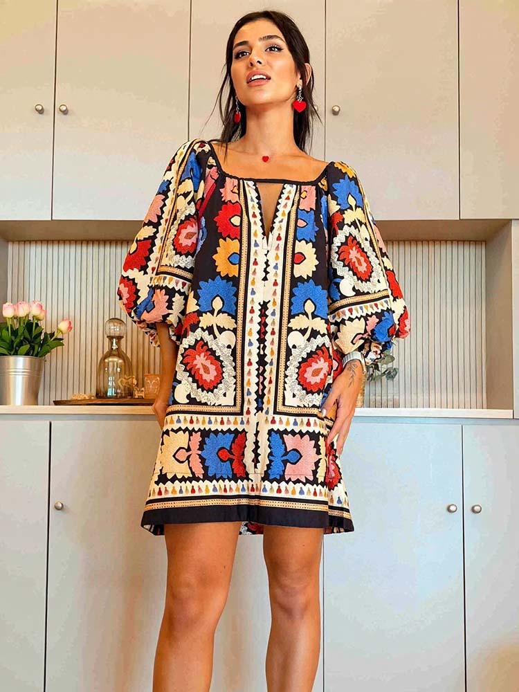 Bohemian Style Ethnic Print Short-sleeved Mini Dress