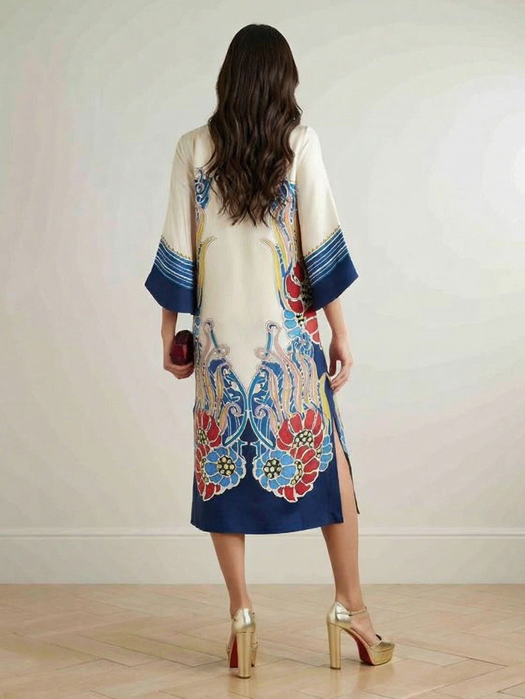 Exquisite Satin Floral Print Midi Dress