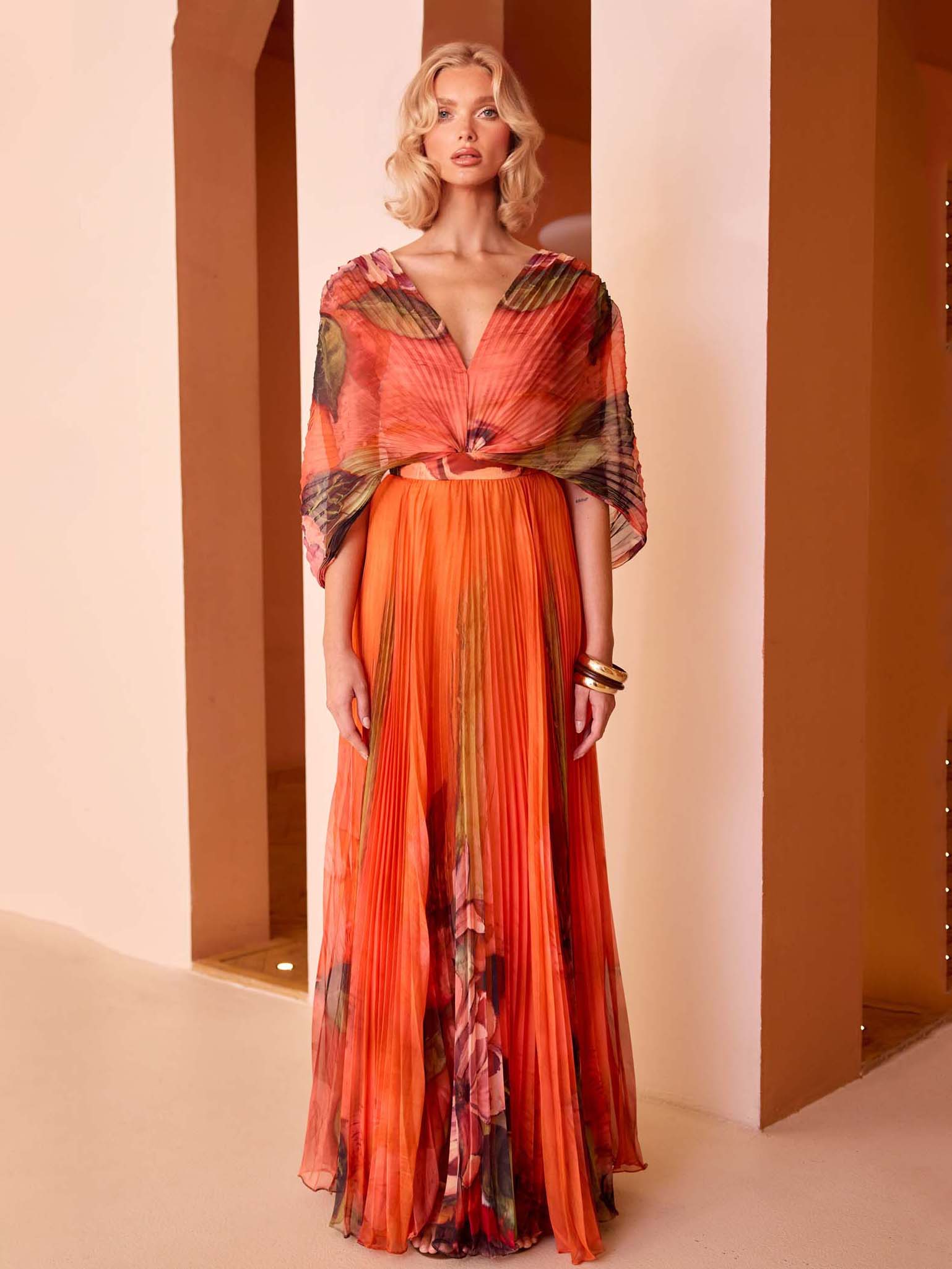 Elegant Floral Chiffon Pleated Midi Skirt Two-piece Set