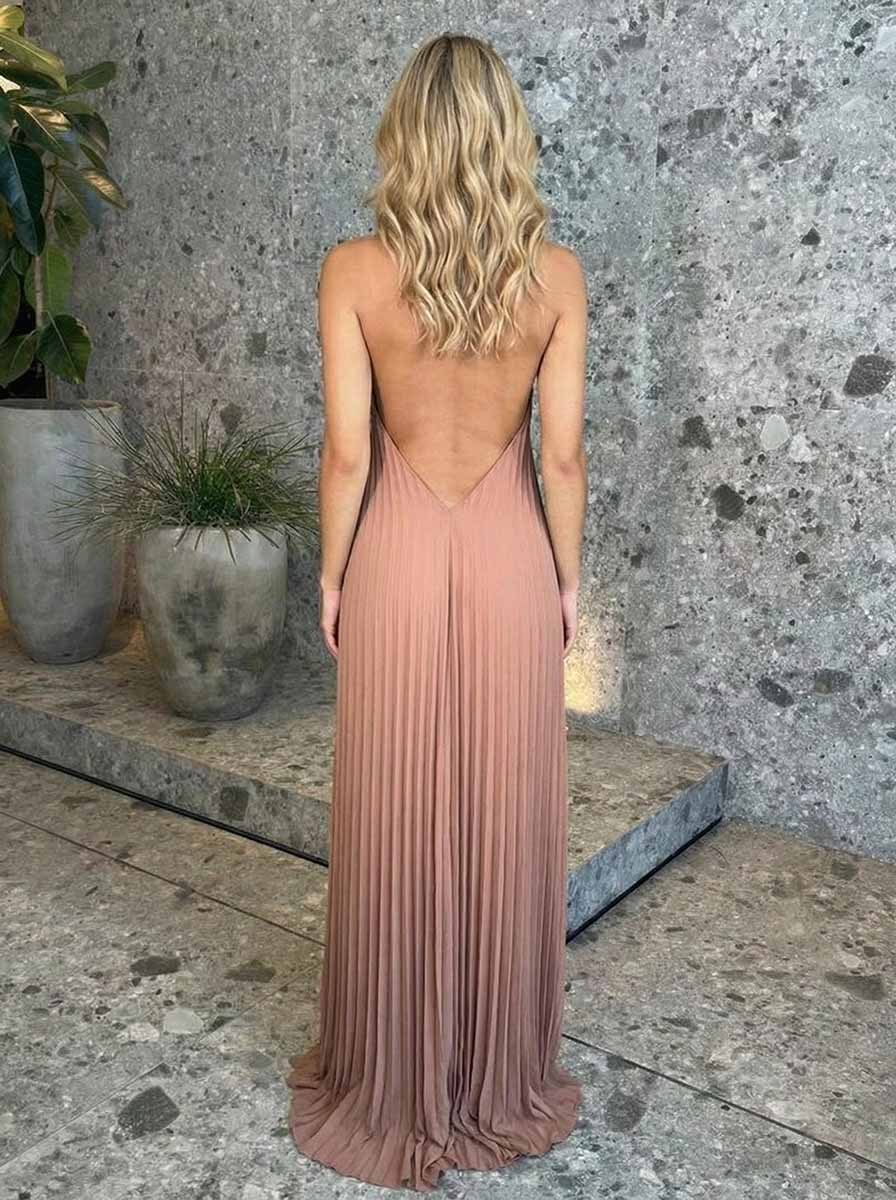 Elegant Pleated Halter Neck Maxi Dress