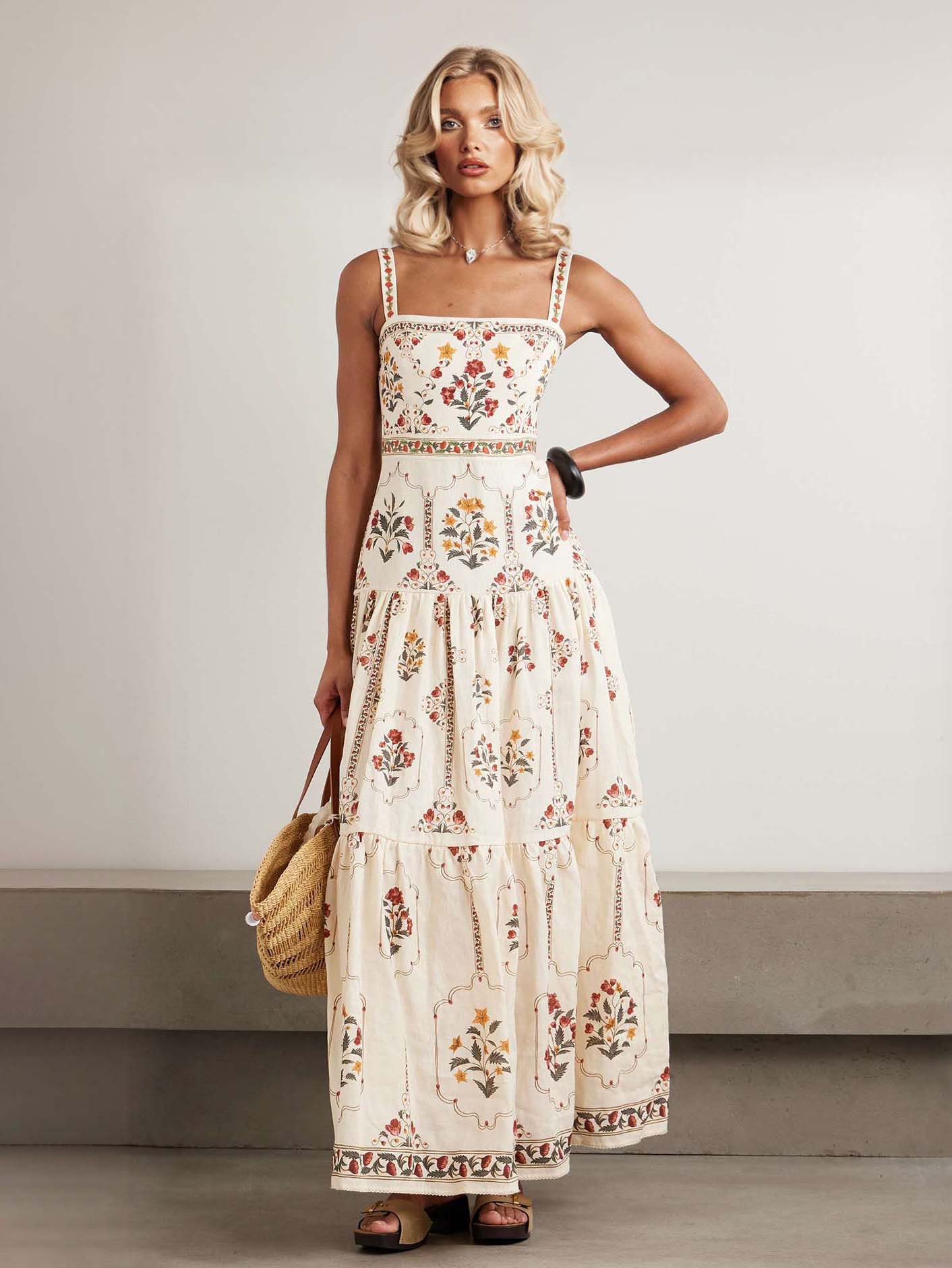 Retro Tiered Ruffle Floral Maxi Dress