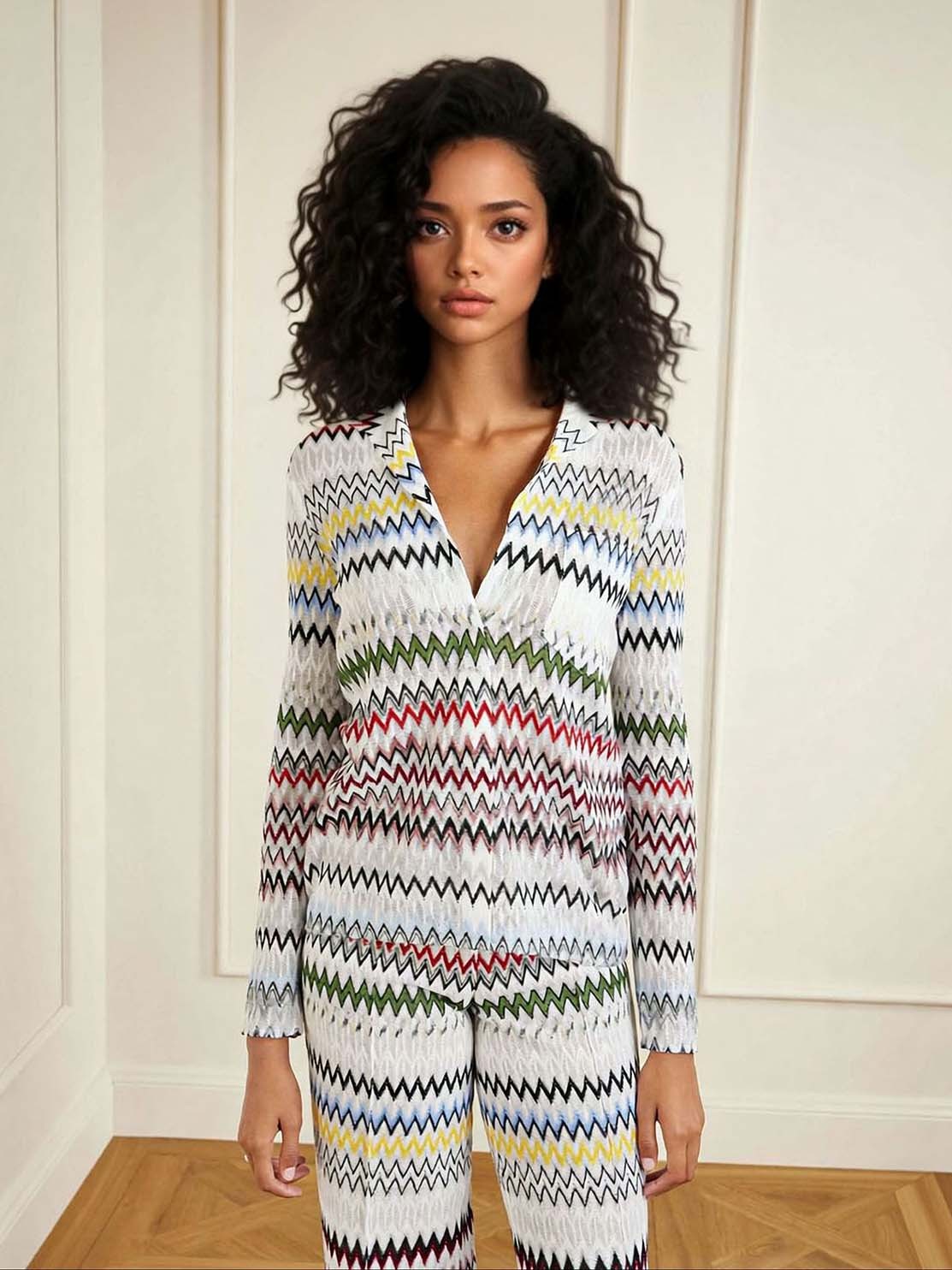 Geometric Zigzag Print Long-Sleeve Top & Wide-Leg Pants Two-Piece Set