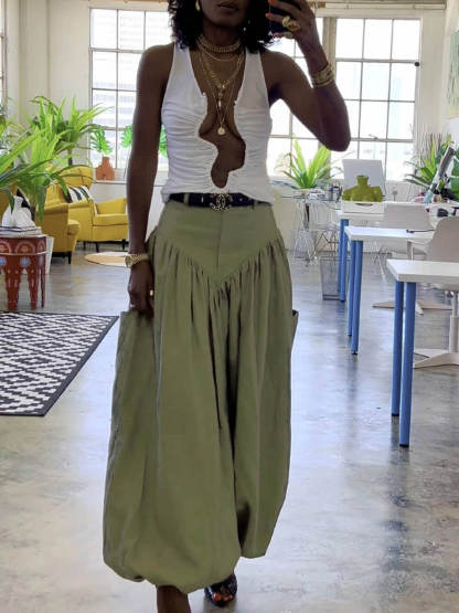 Unique Deep V-Neck Pleated Sleeveless Tank Top