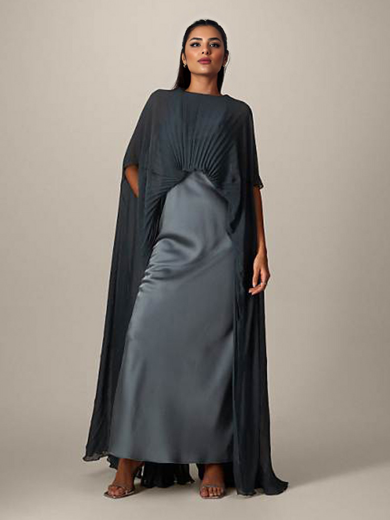 Pleated Shawl Detail Satin Maxi Dress