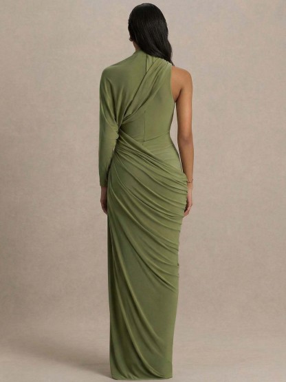 Elegant Asymmetrical One-Sleeve Draped Maxi Dress