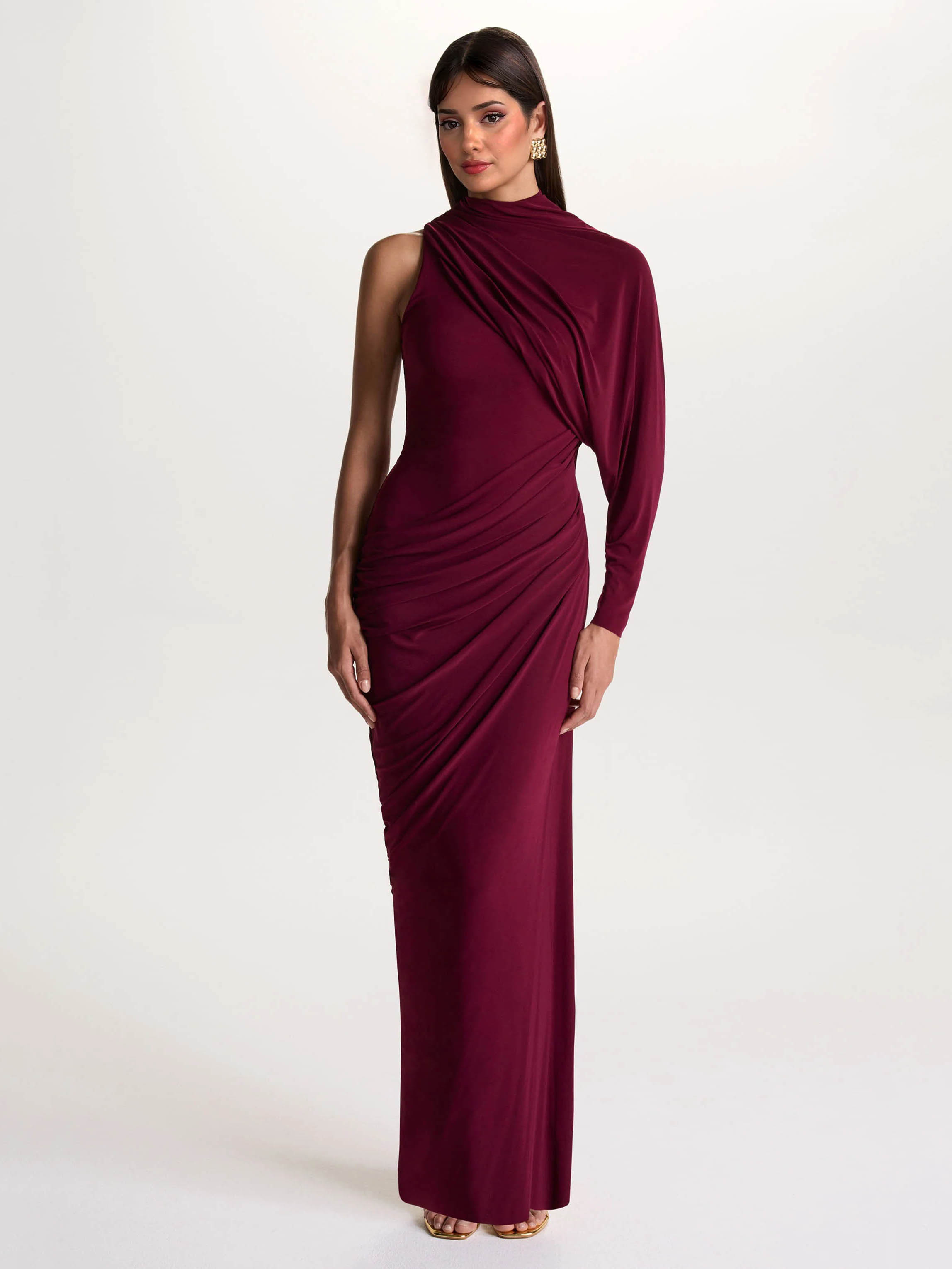 Elegant Asymmetrical One-Sleeve Draped Maxi Dress