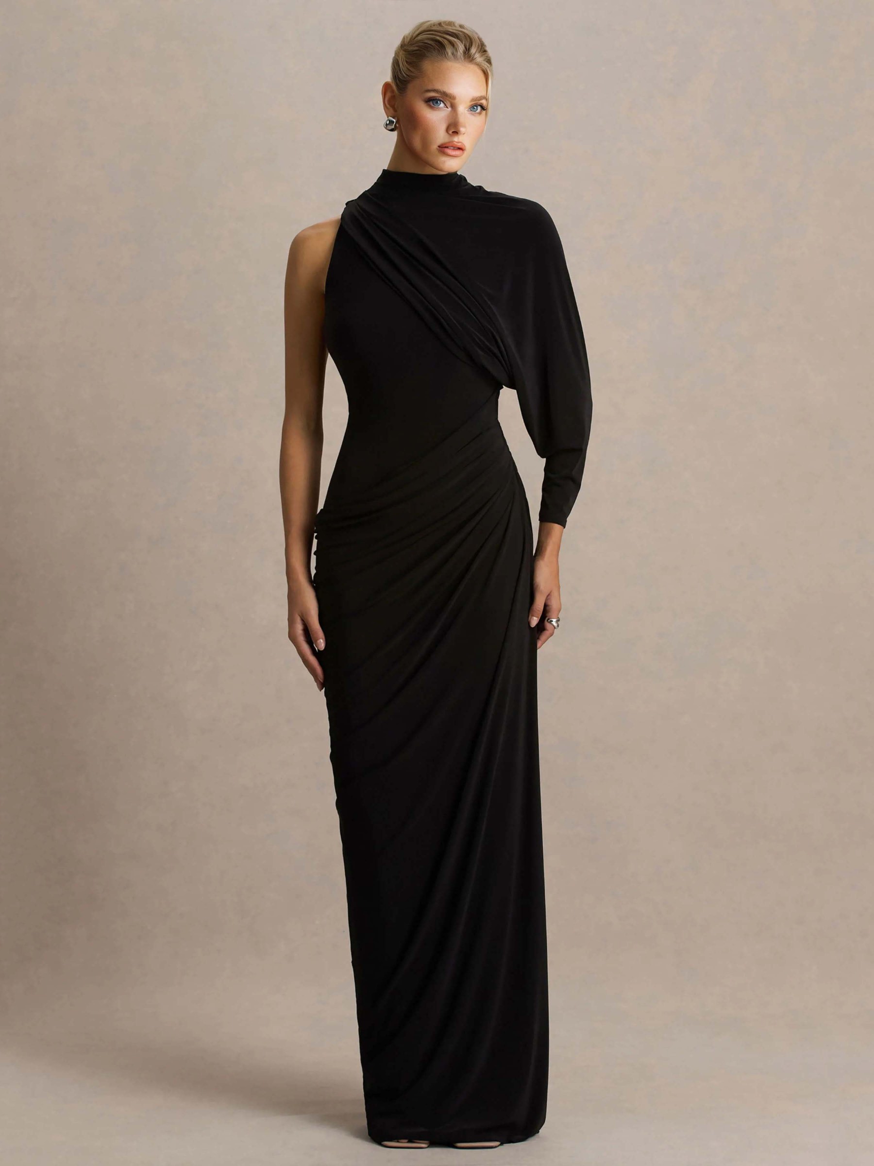 Elegant Asymmetrical One-Sleeve Draped Maxi Dress