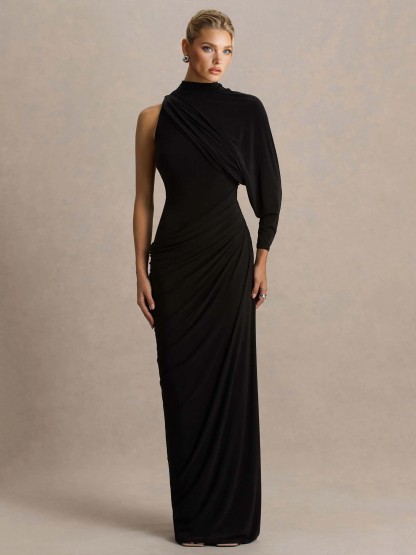Elegant Asymmetrical One-Sleeve Draped Maxi Dress