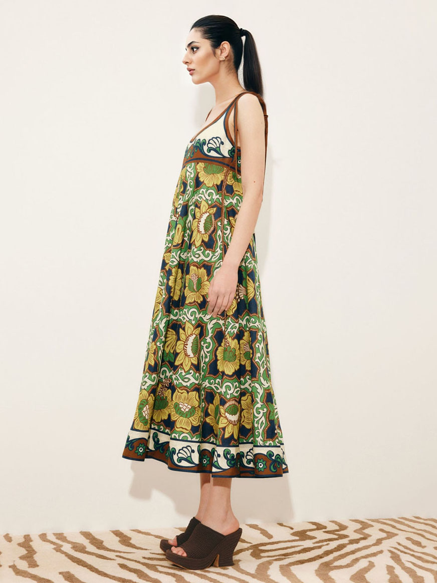 Retro Print Sleeveless Tie-Waist Midi Dress