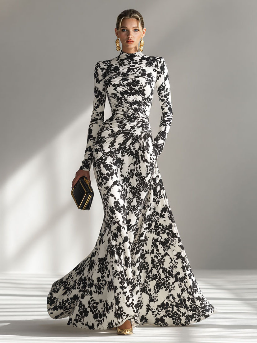 Casual Abstract Print High-Neck Pleated Mermaid Maxi Dress