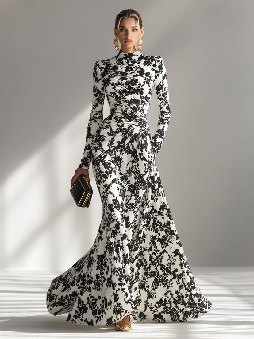 Casual Abstract Print High-Neck Pleated Mermaid Maxi Dress