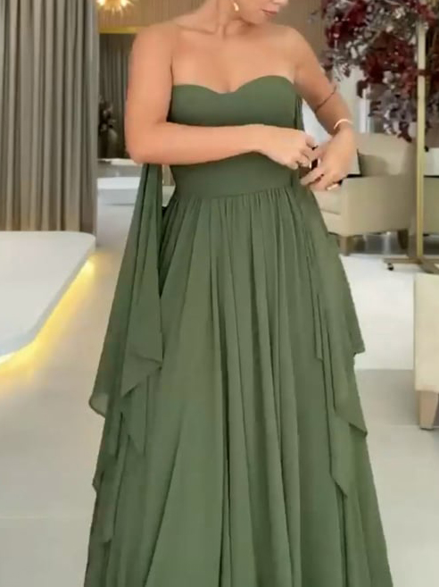 Elegant Asymmetric Sleeve Draped Chiffon Maxi Dress