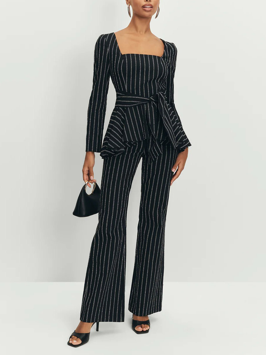 Elegant Striped Square Neck Belted Ruffled Shirt