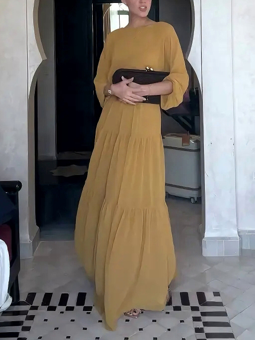 Elegant Round-Neck Long Lantern Sleeve Layered Chiffon Maxi Dress