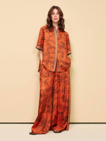 Unique Animal Print Satin Elastic Waist Side Seam Pocket Wide-Leg Pants