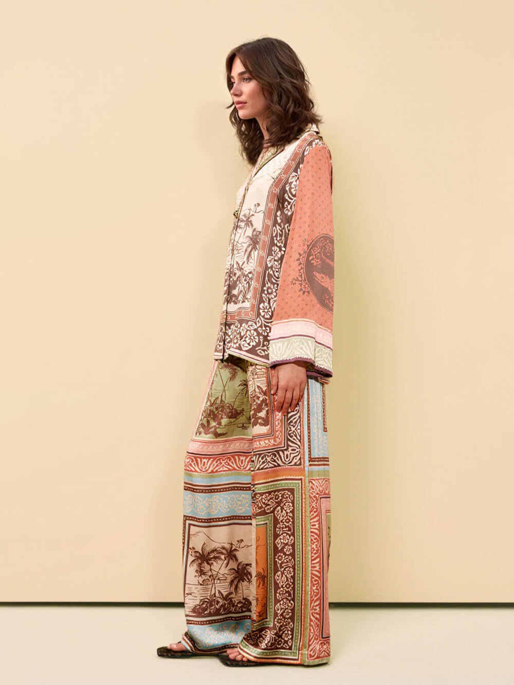 Unique Satin Floral Print Elastic-Waist Wide-Leg Pants