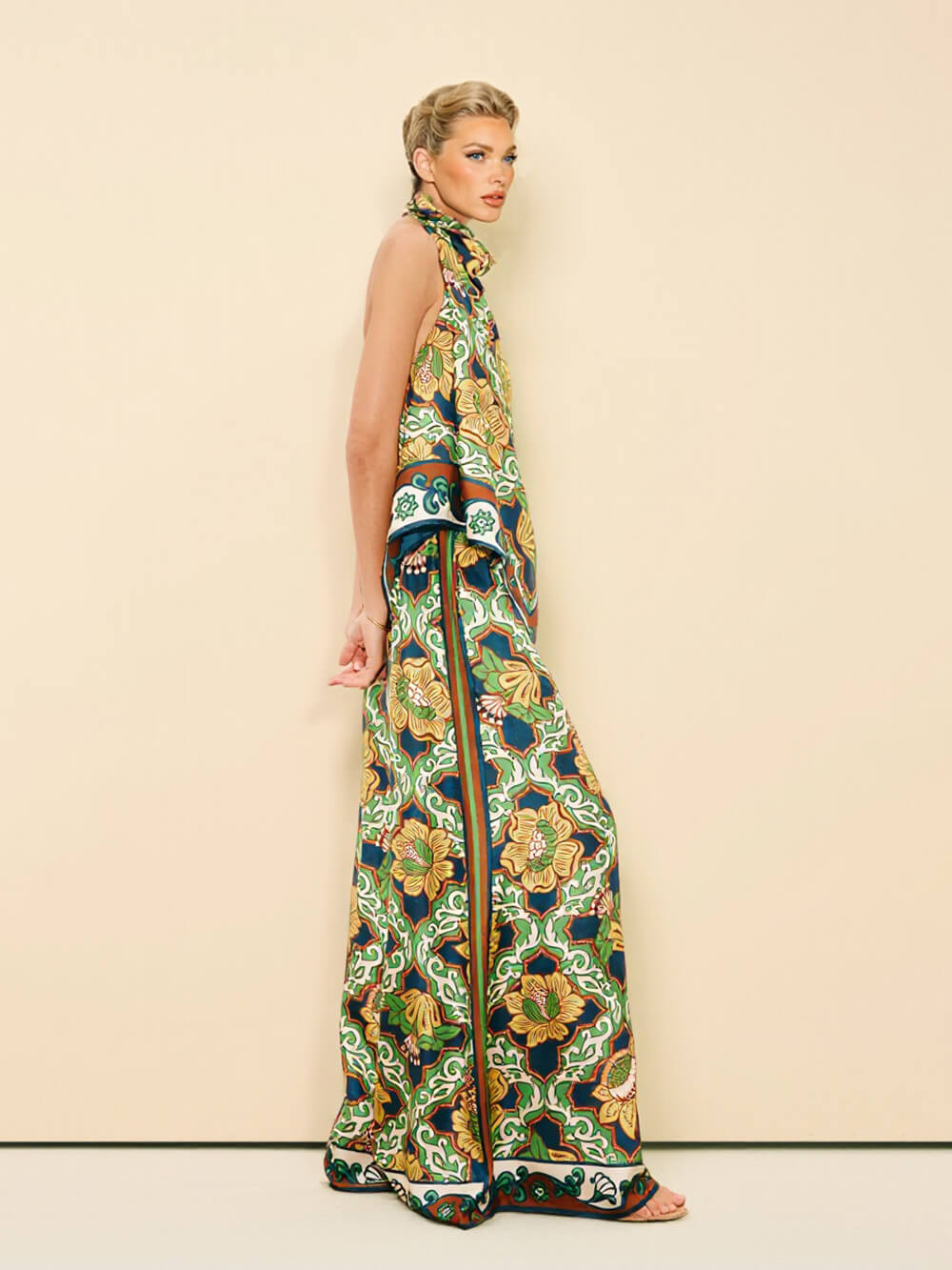 Modern Satin Print Elastic-Waist Pocket Wide-Leg Pants