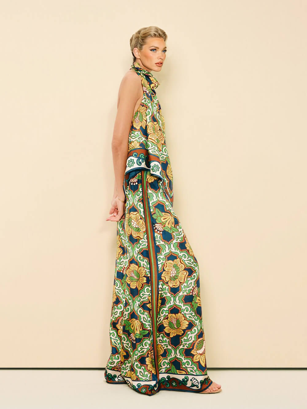 Modern Satin Print Elastic-Waist Pocket Wide-Leg Pants