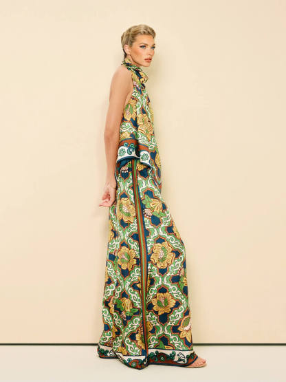 Modern Satin Print Elastic-Waist Pocket Wide-Leg Pants