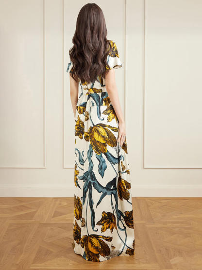 Fashion Printed Satin Waist-Cinching Maxi Dress