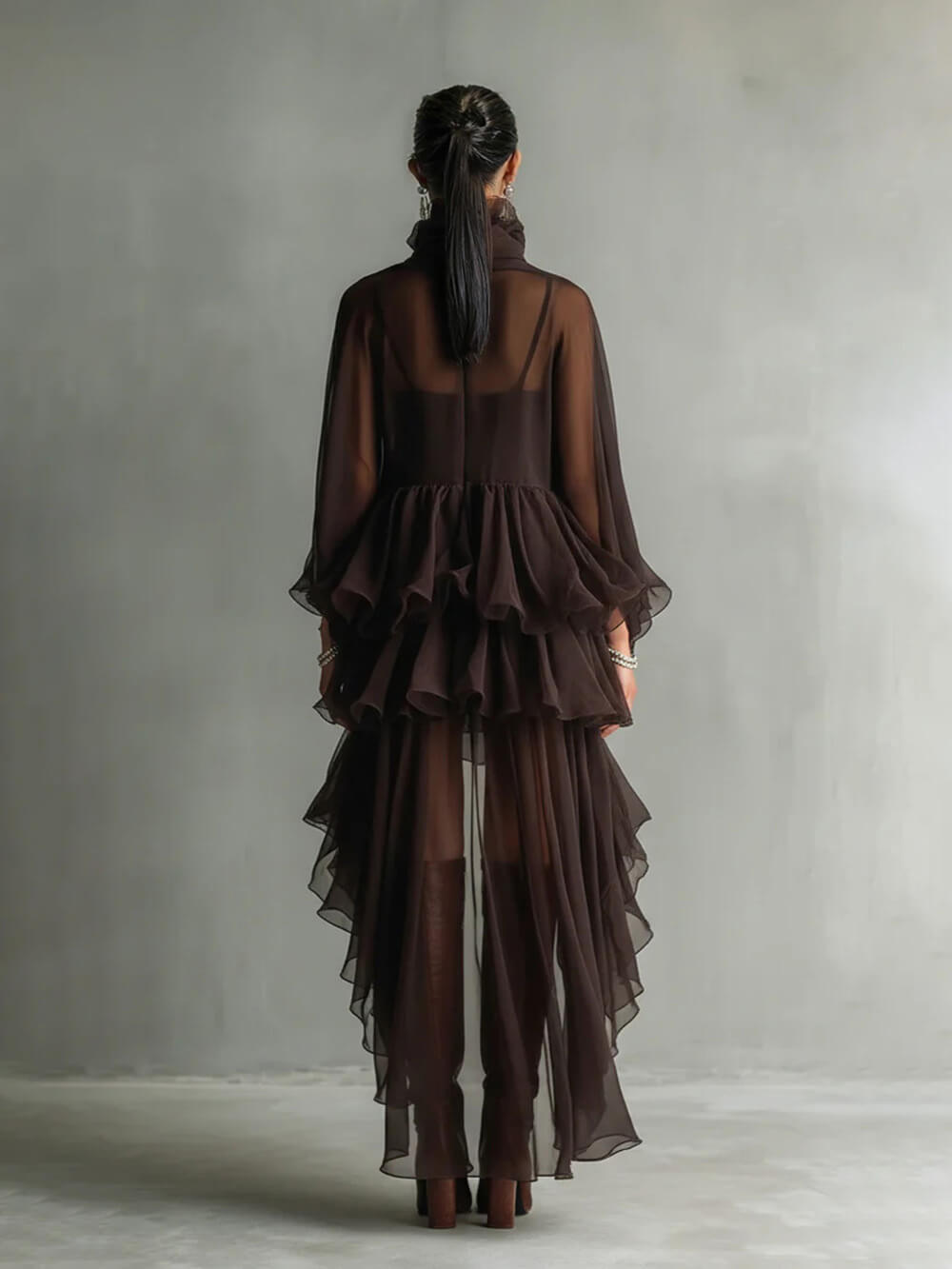 Elegant Ruffled Chiffon High-Neck Loose Midi Dress