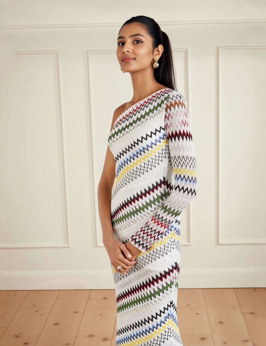 Geometric Zigzag Print One-Shoulder Maxi Dress