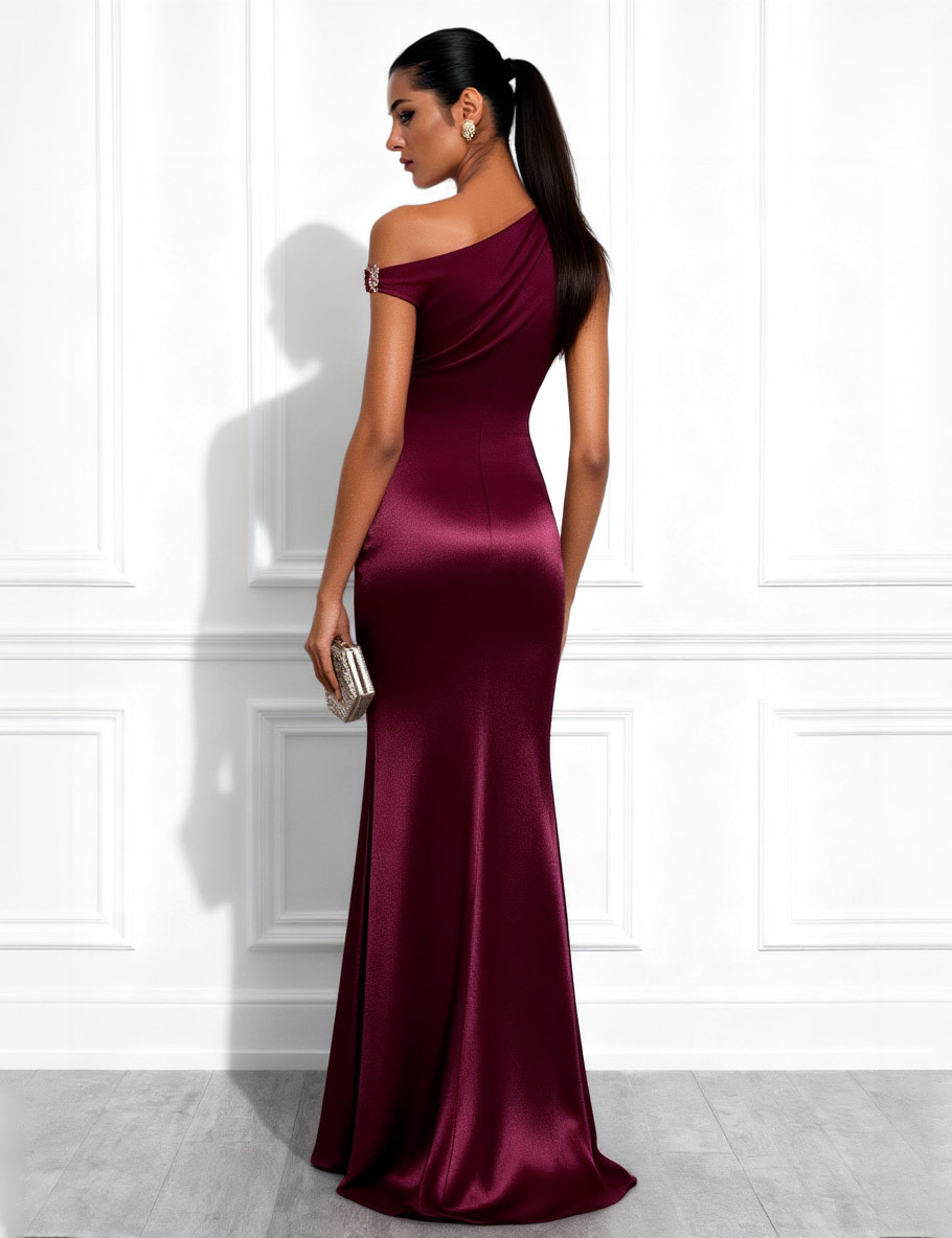 Elegant One-Shoulder Satin Pleated Mermaid Maxi Dress