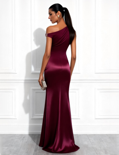 Elegant One-Shoulder Satin Pleated Mermaid Maxi Dress