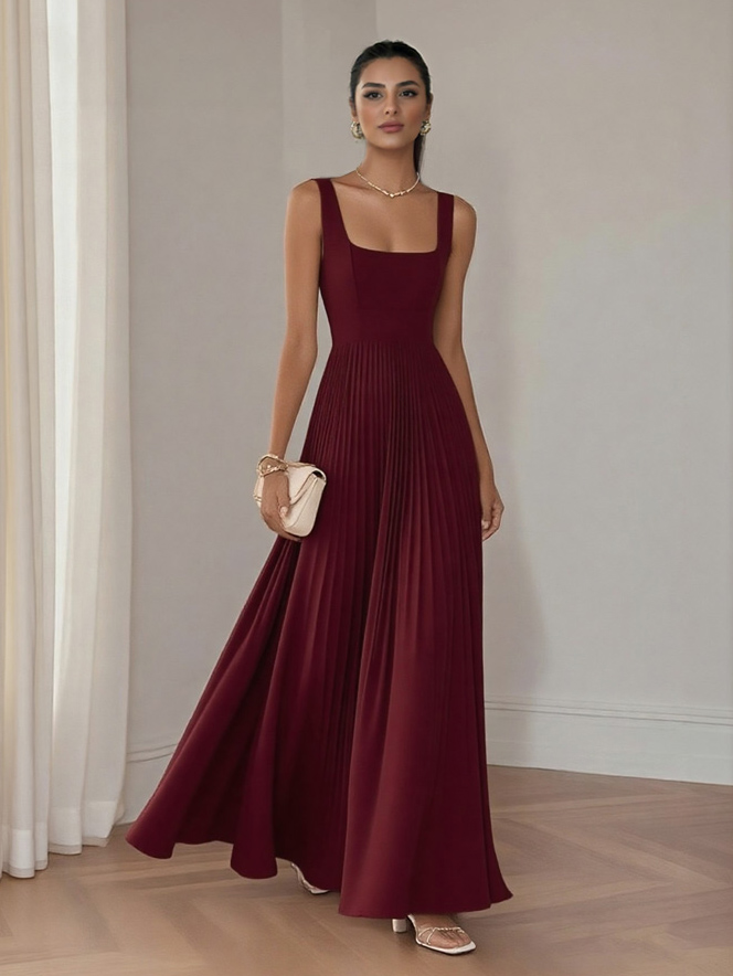 Elegant Square-neck Pleated Maxi Dress